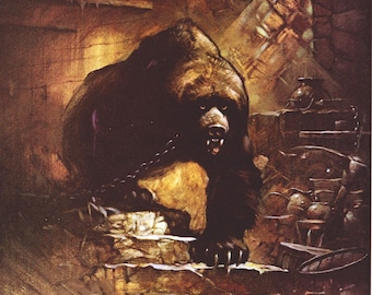 The Bear Frank Frazetta vintage dark fantasy comic cover art print art Sci Fi man cave deco chained grizzly bear beast