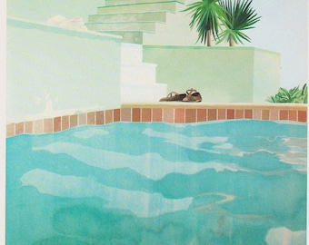 David Hockney Pool und Stufen Wasserreflexionen Badezimmer Dekor Wand Kunstwerk Britischer Künstler Vintage Print Moderne Kunst Palme