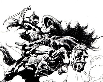 Kublai Khan Frank Frazetta b/w vintage fantasy comic art print battle war horse warrior fight Sci Fi man cave decor American artist