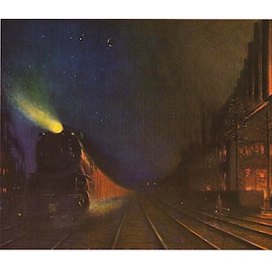 Steam train night scene Broadway Ltd Steel District Pennsylvania vintage print USA H Brett art gift for train buff geek railway enthusiast
