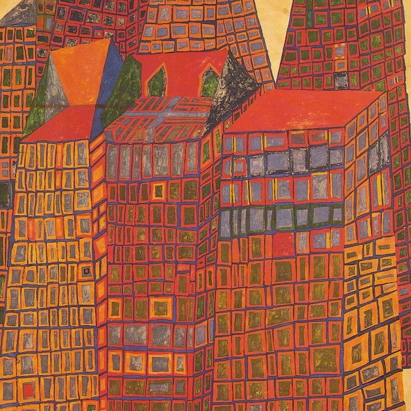 Friedensreich Hundertwasser vibrant artwork red Bleeding Houses Austrian artist vintage print modern art highrises city scape tower blocks