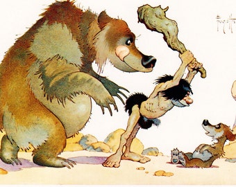 Frank Frazetta whimsical mother bear and cub caveman with club vintage fantasy art print Sci Fi man cave deco old man and girl funny drawing