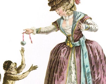 French fashion pet monkey 18th century dress purple gown corset big hat Galerie des Modes vintage print dressing room decor gift Antoinette