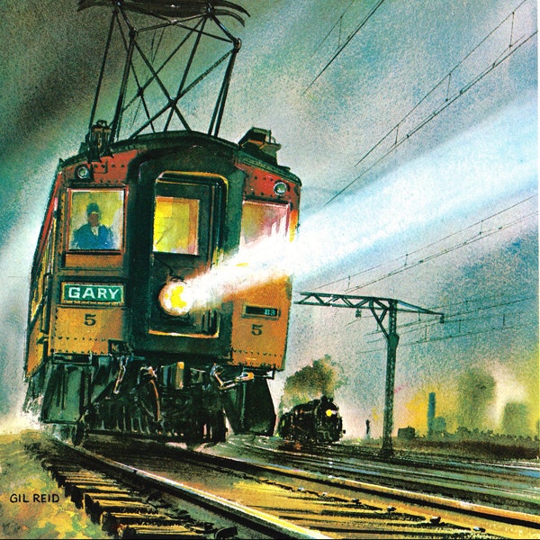 South Shore at Night electric railroad interurban train vintage print Chicago Gil Reid art gift for train buff geek railway enthusiast