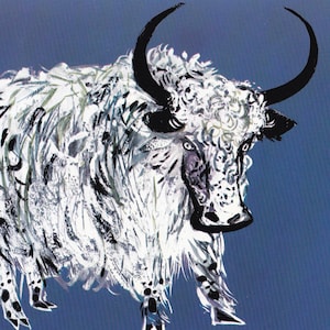 yak print illustration animal horns blue white 60&#39;s mid century children&#39;s retro nursery decor Brian Wildsmith kid&#39;s room deco playroom