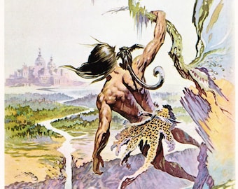 Tarzan The Lost Empire Frank Frazetta vintage dark fantasy comic cover art print art Sci Fi man cave decor gaming room Edgar Rice Burroughs