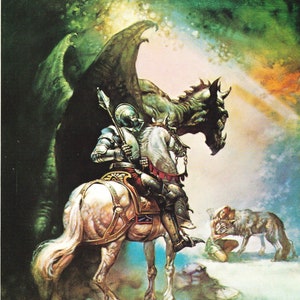 Il drago e George Boris Vallejo vintage fantasy arte guerriero a cavallo Gordon R. Dickson stampa Sci Fi man cavern deco regalo fan fantasy
