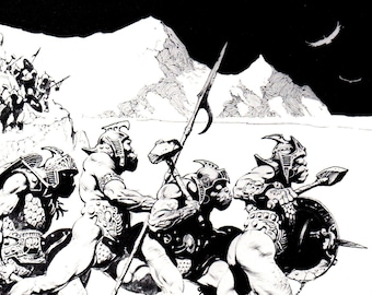 Orcs LOTR Lord of the Rings Frank Frazetta warriors on war path vintage black and white fantasy art print man cave deco J. R. R. Tolkien