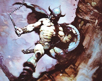 Boodstone Kane swordsman Warrior Frazetta print vintage dark fantasy cover art art Sci Fi man cave decor fierce savage battle with shield