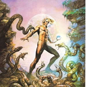 The secrets of synchronicity Boris Vallejo vintage fantasy cover art man cave deco gift fantasy fan Jonathan Fast novel fight with snake