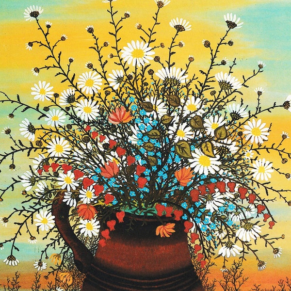 Fleurs de mai fleurs de printemps dans la cruche Ivan Lacković artiste croate impression d'art vintage peinture primitive naïve rurale Croatie Europe de l'Est