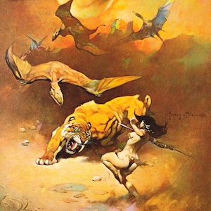 Rettili volanti Frank Frazetta stampa d&#39;arte vintage feroce guerriera che combatte una tigre dai denti a sciabola Sci Fi Dark Fantasy caverna dell&#39;uomo deco