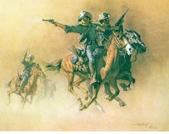 Cavalry Western art by Frank C. McCarthy Wild West theme soldiers shooting in battle on horseback mounted western horse Americas Old West