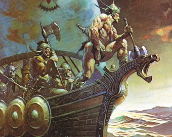 Kane on the Golden Sea Frazetta print Viking battle ship vintage dark fantasy art art Sci Fi man cave decor fantasy gift
