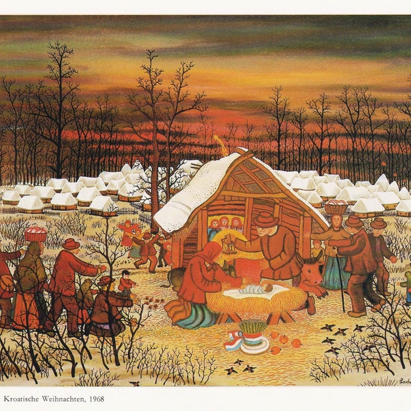 Noël croate Ivan Lacković crèche vintage art impression peinture primitive illustration naïve rurale Croatie Europe de l’Est hiver