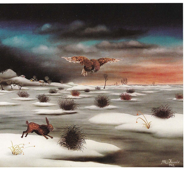 Oiseau de proie Mijo Kovačić, artiste croate, paysage d'hiver d'Europe de l'Est, lièvre, tourbière enneigée, impression d'art vintage, peinture naïve