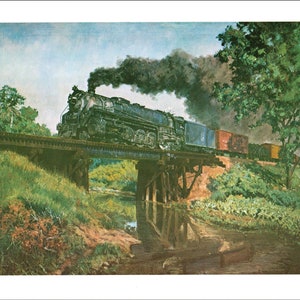 Soo trem de carga locomotiva a vapor cruzando rio Wisconsin impressão vintage Walter Krawiec presente de arte para trem buff geek entusiasta ferroviário