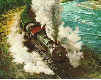 Great Northern Railway steam locomotive Railroad passenger vintage print USA J B Deneen art gift for train buff geek railway enthusiast