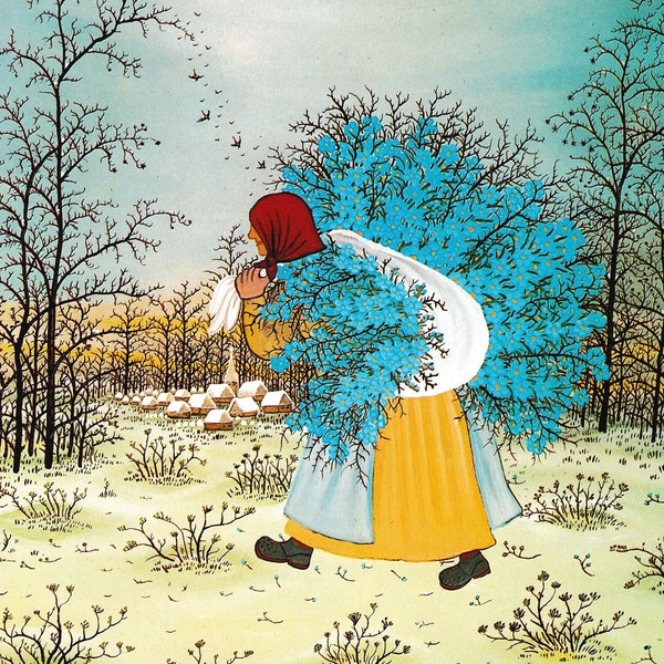 Fleur bleue récolte printemps femme Ivan Lacković artiste croate impression d'art vintage peinture primitive naïf rural Croatie Europe de l'Est