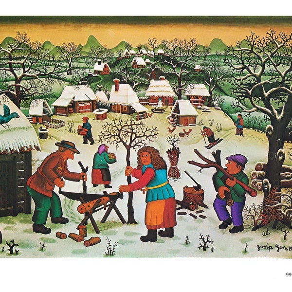 Bois de chauffage Josip Generalic Paysan Scène d’hiver Artiste de village croate Neige d’Europe de l’Est impression d’art vintage peinture primitive naïve