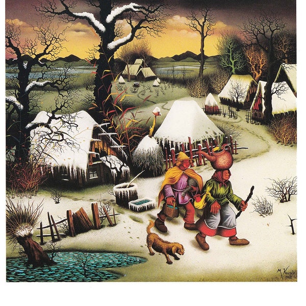 Scène d’hiver Couple de paysans du village croate Mijo Kovačić artiste paysage de neige d’Europe de l’Est impression d’art vintage peinture primitive naïve
