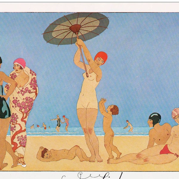 George Barbier Au Lido Französisch Strand Badeanzüge Modeszene 1920er Jahre Art Deco Jugendstil Vintage Illustration bereit zum Rahmen Wandkunst