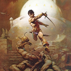 Miecze Marsa Frank Frazetta vintage dark fantasy komiks okładka sztuka wydruk bohater walka Sci Fi człowiek jaskinia deco, Rice Burroughs, John Carter
