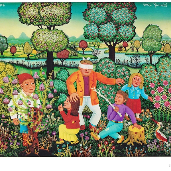 Jeu pour enfants Josip Generalic Croate paysage de fleurs colorées printemps été Europe de l’Est vintage art print peinture naïve