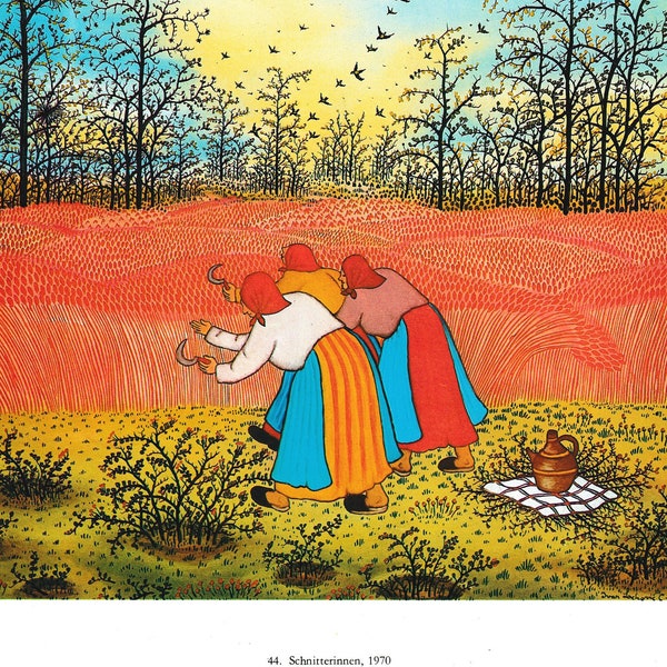 Summer harvest women grain field Ivan Lacković Croatia artist vintage art print primitive painting naive illustration rural Eastern Europe