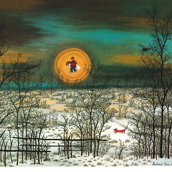 Homme sur la lune, scène d'hiver, nuit de renard, Ivan Lacković, artiste croate, impression d'art vintage, peinture primitive, campagne naïve, Croatie, Europe de l'Est