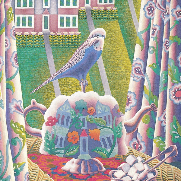 Justin Todd Suburbia budgie goed onderhouden orde gazon huizen psychedelische jaren '70 popart cover art illustratie vintage print David Thorns