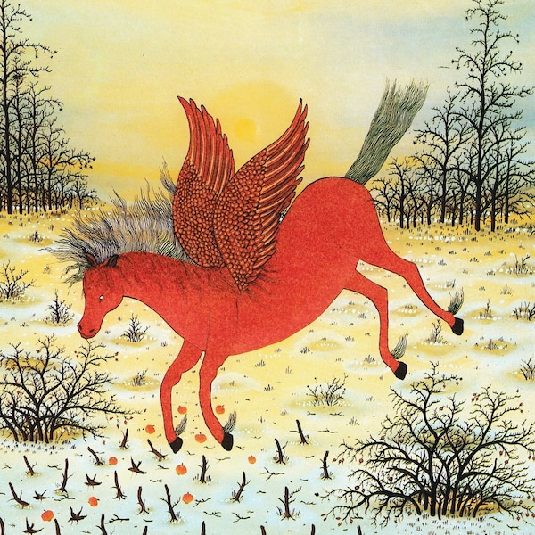 Cheval rouge Pégase ailes volantes Ivan Lacković Croatie artiste vintage tirage d'art peinture primitive illustration naïve Europe de l'Est
