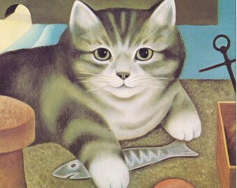 Harbour cat grey tabby eating fish naive art feline artwork gift for cat lover vintage print illustration Martin Leman British Artist