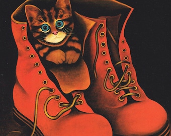 cute kitten in red shoe boots naive art feline naive artwork print vintage print feline illustration by Martin Leman