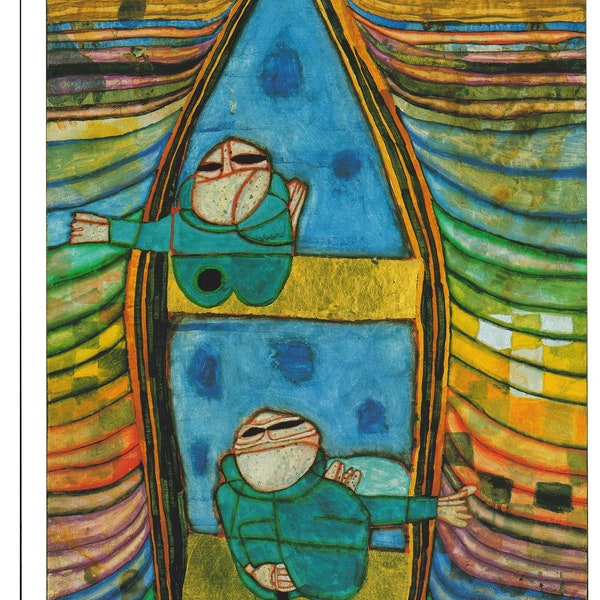 Boat Friedensreich Hundertwasser Tender Dinghi two people water the sea stream vibrant artwork Austrian artist vintage print modern art