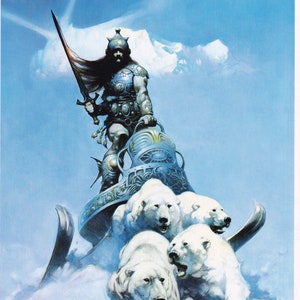 Silver Warrior Frank Frazetta vintage fantasy comic art print art Sci Fi man cave deco American artist Icevald nordic theme sled polar bears image 1