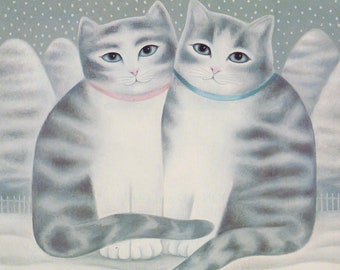 two grey tabby cats in snow winter cold naive art feline artwork gift for cat lover vintage print illustration Martin Leman British Artist