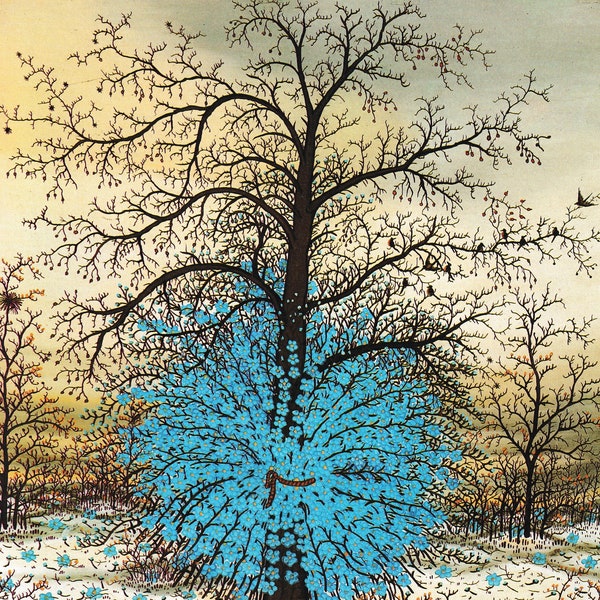 Fleurs de myosotis Ivan Lacković, artiste croate, impression d'art vintage, peinture primitive, illustration naïve, Croatie rurale, Europe de l'Est