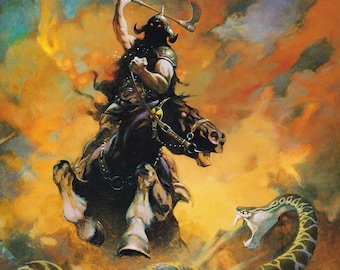 Death Dealer VI Frank Frazetta vintage dark fantasy comic art print art Sci Fi man cave deco American artist fierce warrior war horse axe