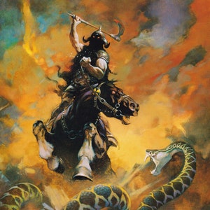 Death Dealer VI Frank Frazetta vintage dark fantasy comic art print art Sci Fi man cave deco American artist fierce warrior war horse axe image 1