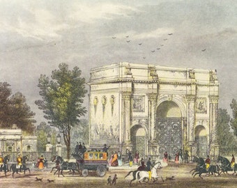 Victorian London Marble Arch vintage print coloured engraving 7 x 9.25 inches