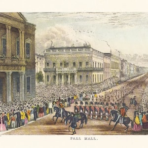 Victorian London Pall Mall military parade vintage print coloured engraving