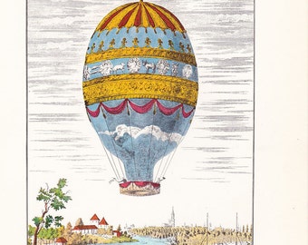 Vintage Balloon Print hot air balloon transport Montgolfier air travel 7 x 9.25 inches