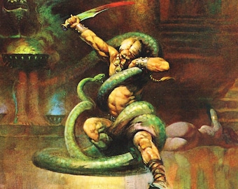 Green Death Frank Frazetta vintage dark fantasy print art Sci Fi man cave deco deadly snake fight man vs beast