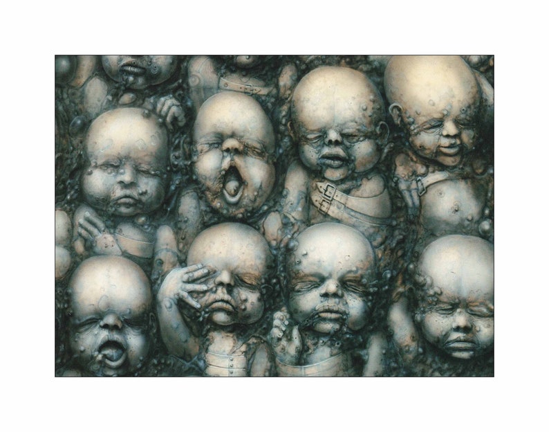 HR Giger fantastic biomechanical art surrealistic style fantasy world red babies newborn gothic interest body machine steam punk horror image 1