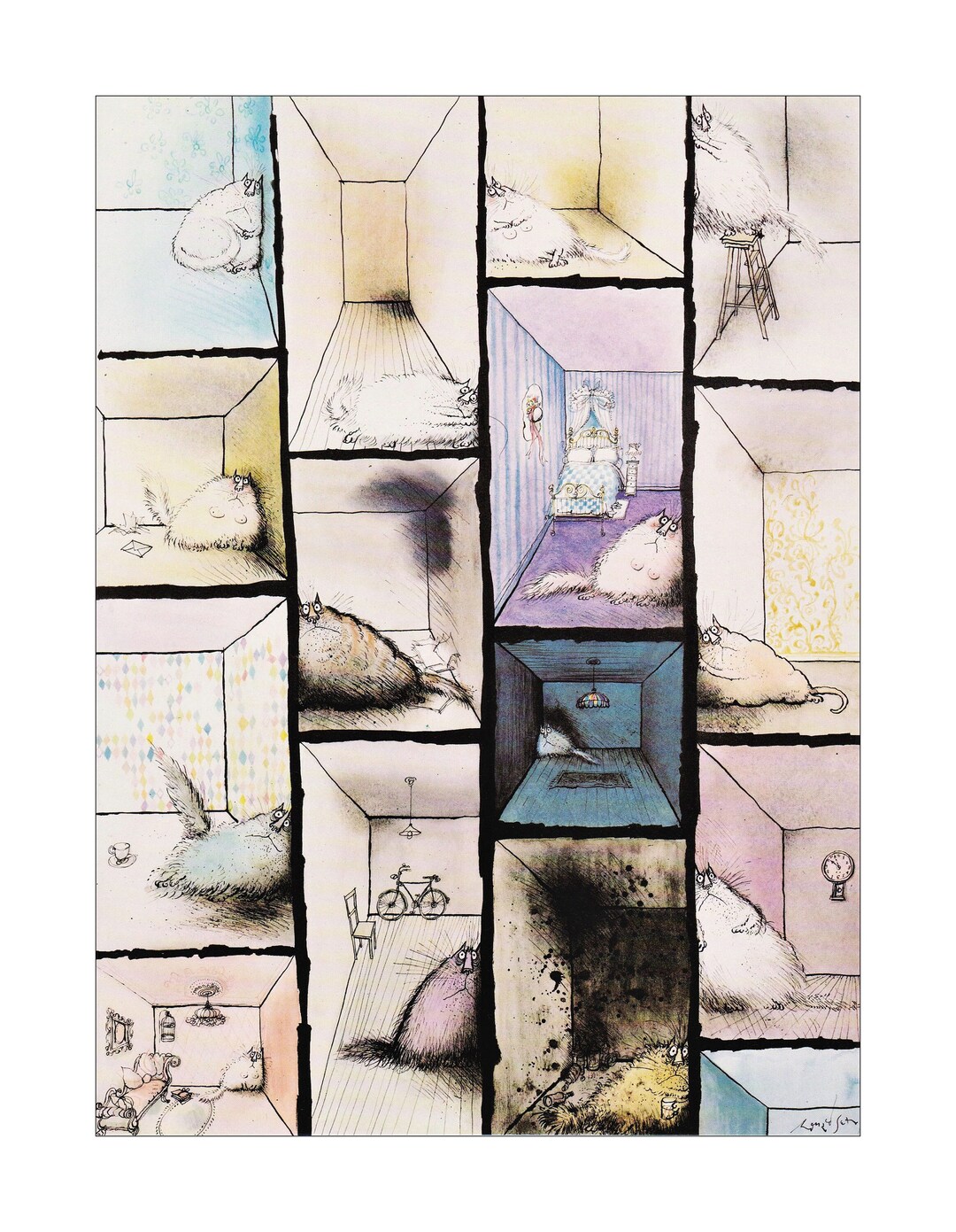 Cats in Rooms Depressed Sad Claustrophobic Ronald Searle Cat Cartoon