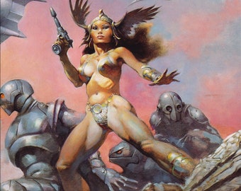 Dawn Attack Frank Frazetta DETAIL female warrior Sci Fi kick ass woman space ship battle vintage fantasy comic print man cave deco