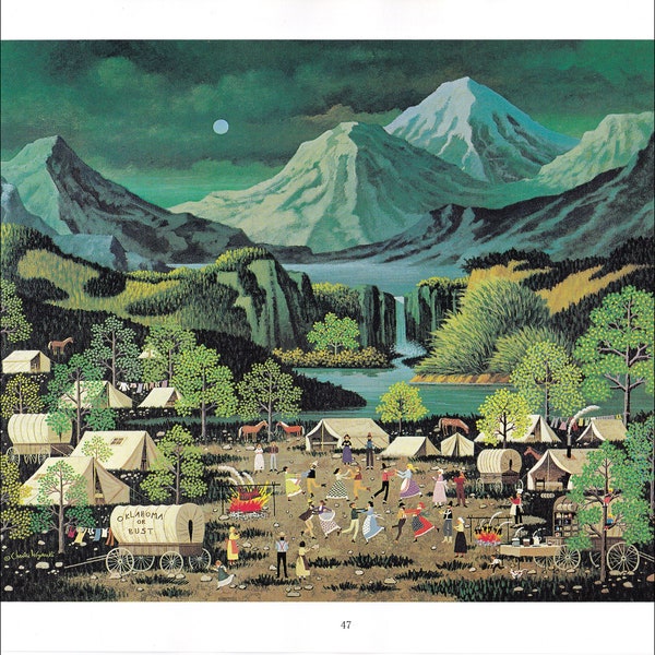 Oklahoma oder Büste Charles Wysocki Wagen Zelte Nachtszene tanzen primitive Künstler naive Malerei USA Kunst Vintage Druck Americana alte Zeiten