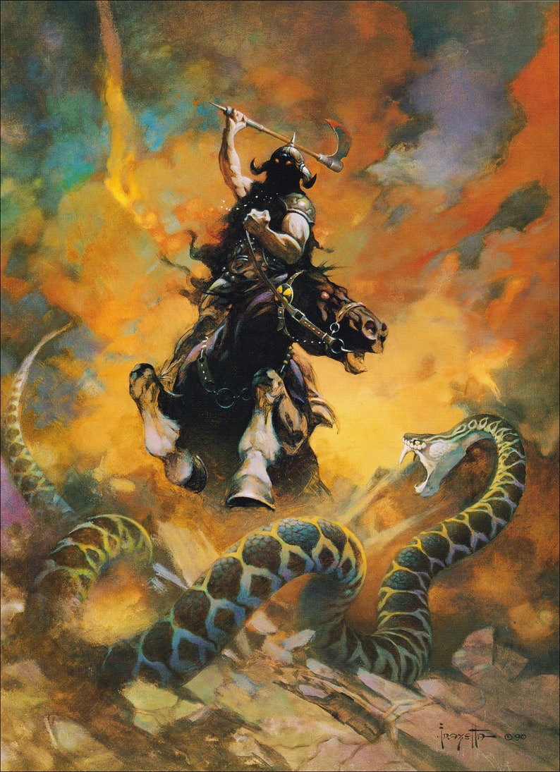 Death Dealer VI Frank Frazetta vintage dark fantasy comic art print art Sci Fi man cave deco American artist fierce warrior war horse axe image 1