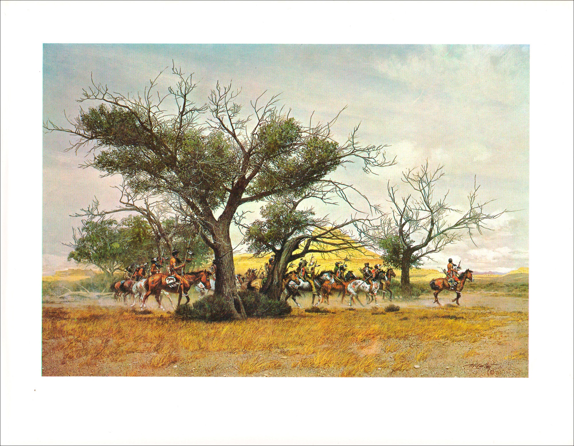 Bison hunt horseback Native Americans hunting party Western art by Frank C McCarthy vintage print Wild West theme Americas Old West